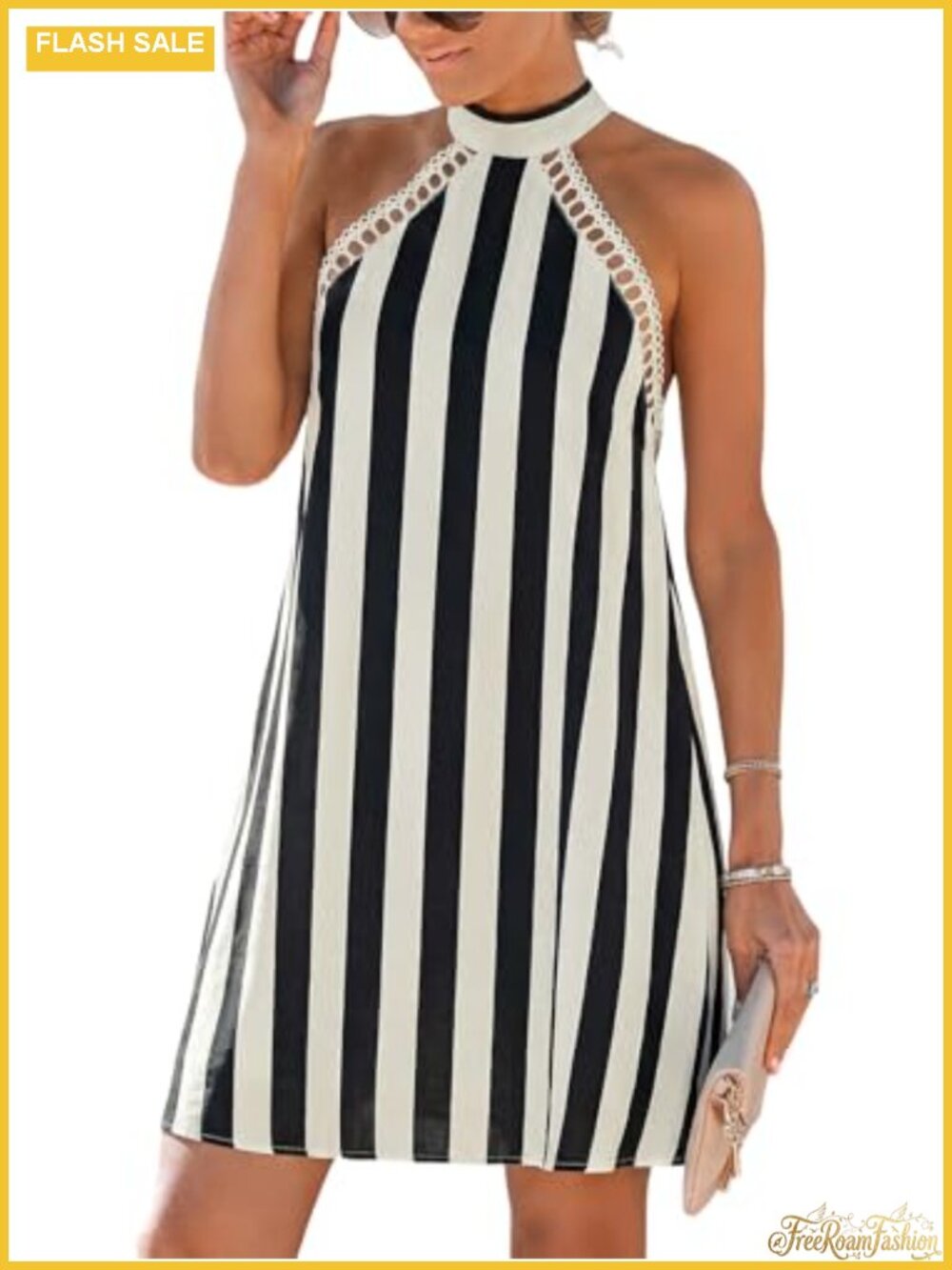 Lace Trim Halter Backless Mini Dress, Striped, Vacation, Beach